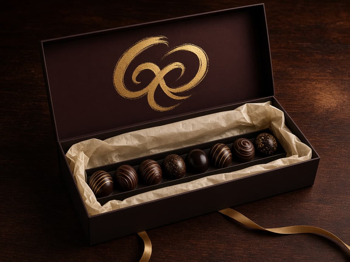 Coffret corporatif, monogramme peint au beurre de cacao